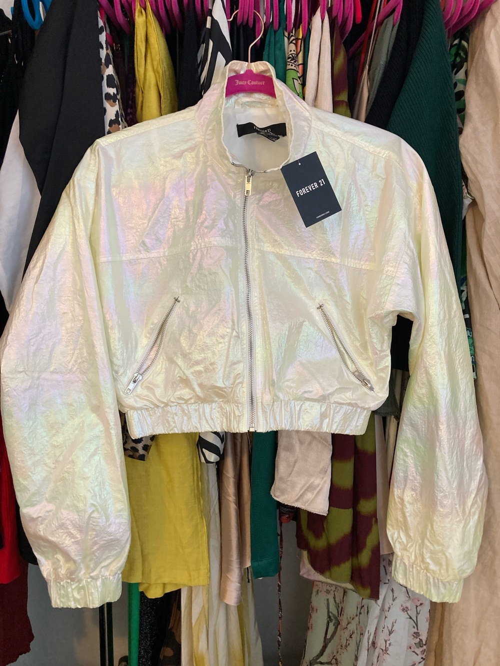 Forever 21 Iridescent Crop Bomber Jacket - Pearl White